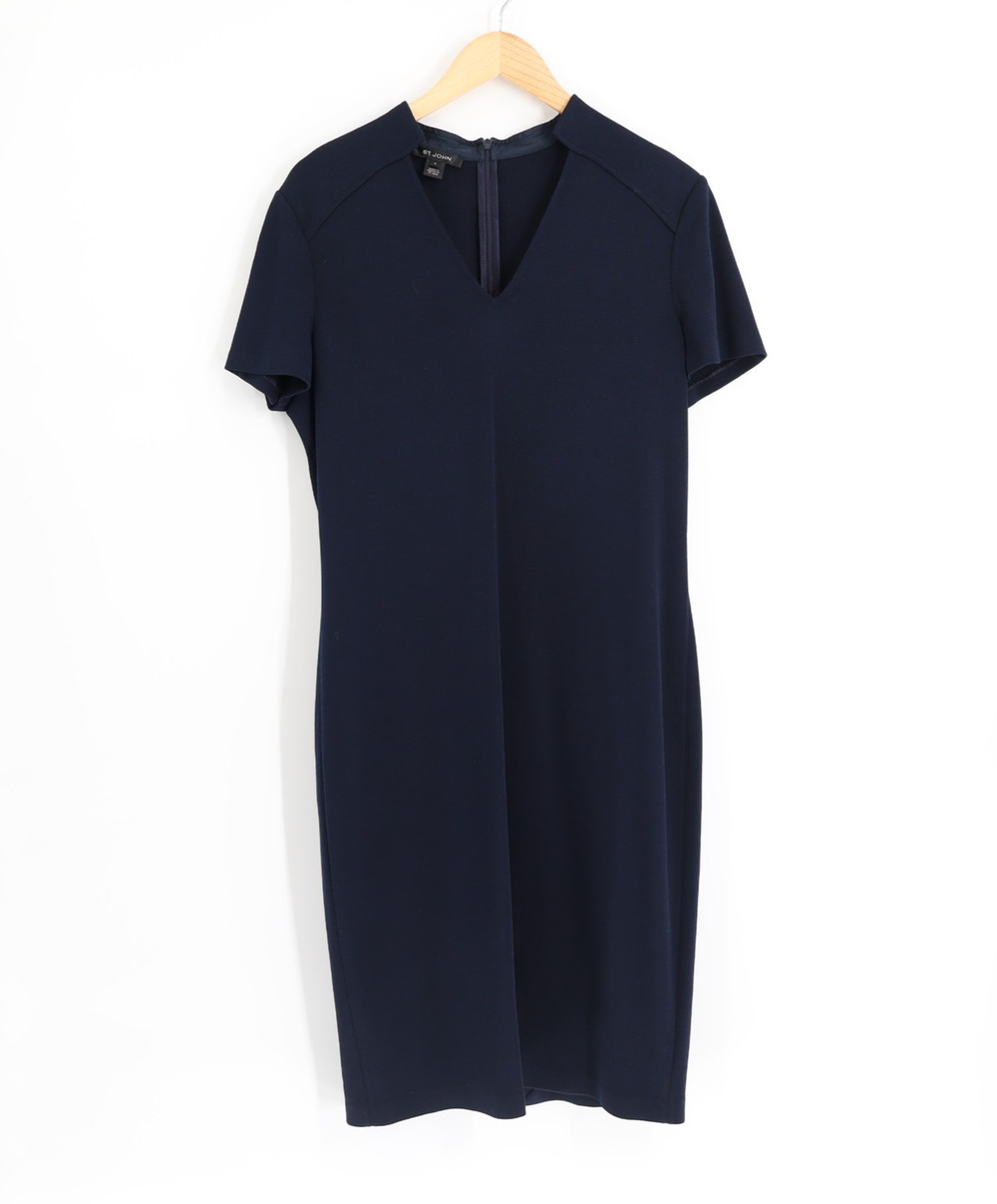St. John Women's Sz 12 Structured Split V-Neck Wool Blend Short Sleeve Navy